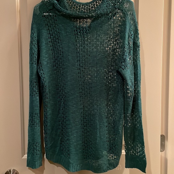 Teal Open Weave Cowl Neck Long Sleeve Sweater - Picture 7 of 7